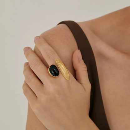 French Vintage Irregular Open Ring in Cool-Toned Black Gemstone