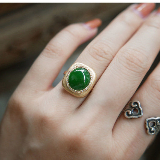 Ice Seed Sun Green Jadeite Ring with S925 Gold