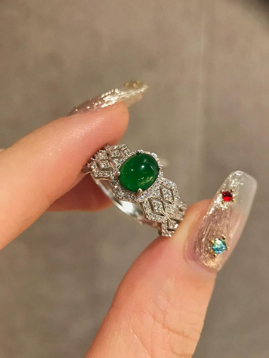 Full Diamond Lace Egg-Faced Jadeite Ring