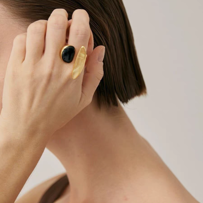 French Vintage Irregular Open Ring in Cool-Toned Black Gemstone