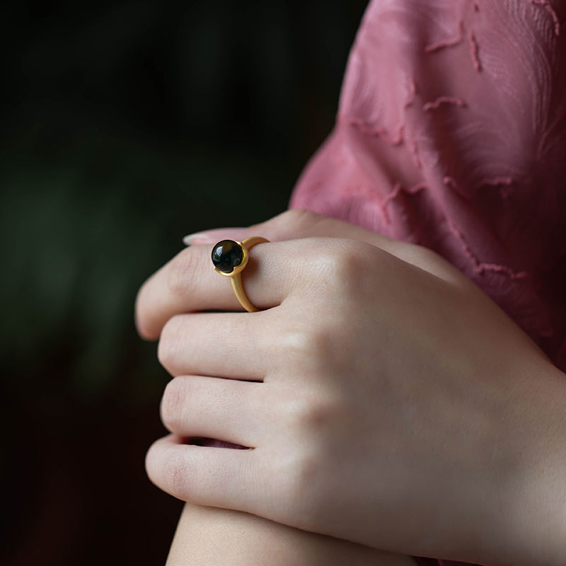 Ancient Gold Inlaid Natural Blue Amber Open Ring