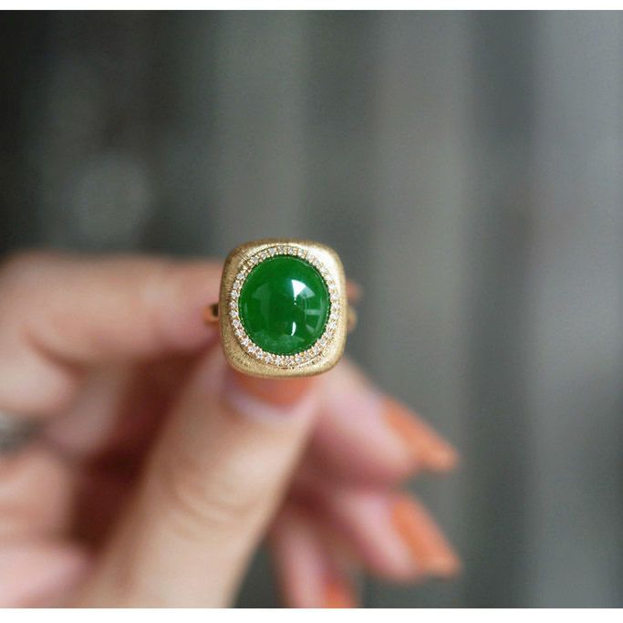 Ice Seed Sun Green Jadeite Ring with S925 Gold