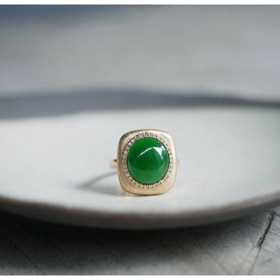 Ice Seed Sun Green Jadeite Ring with S925 Gold