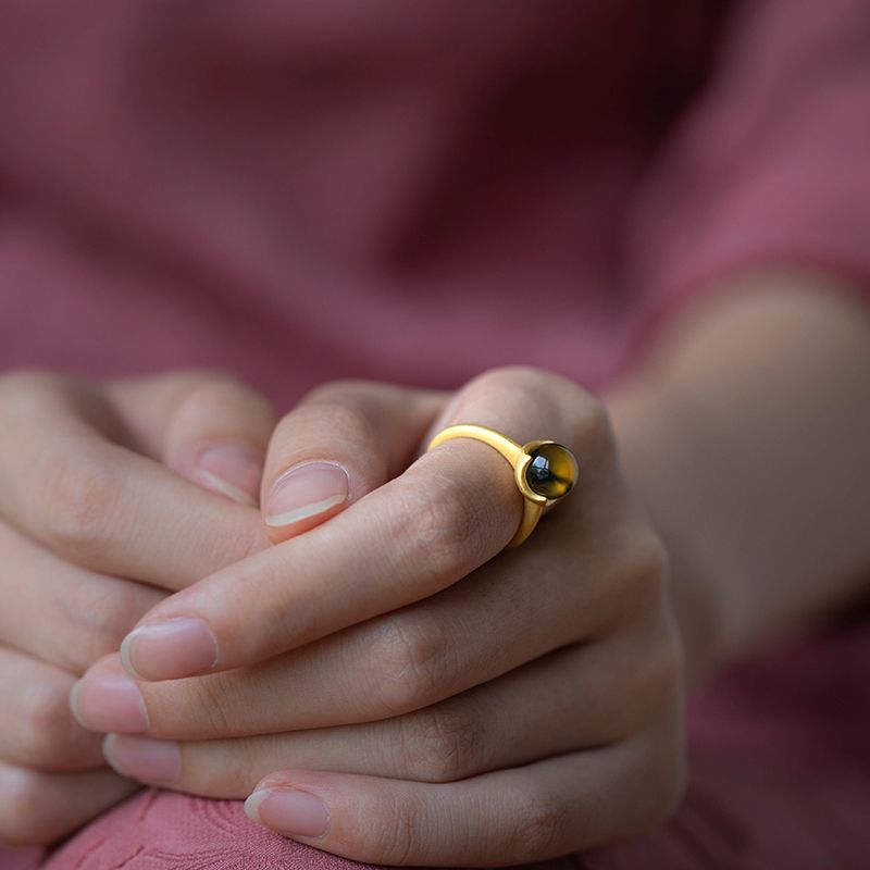 Ancient Gold Inlaid Natural Blue Amber Open Ring