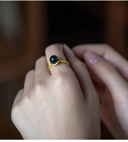 Ancient Gold Inlaid Natural Blue Amber Open Ring