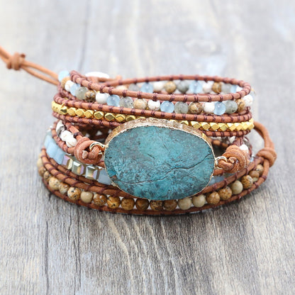 Natural Ocean Jasper Beaded Stone Weave Bracelet