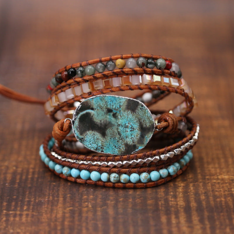 Natural Ocean Jasper Beaded Stone Weave Bracelet