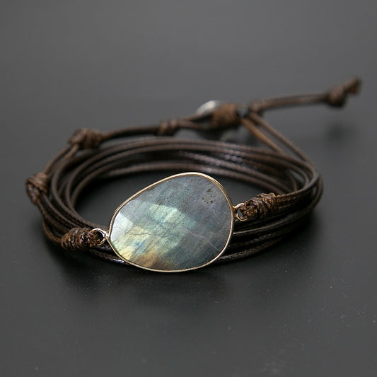 Handcrafted Labradorite Wrapped Multi-layer Wax Cord Bracelet