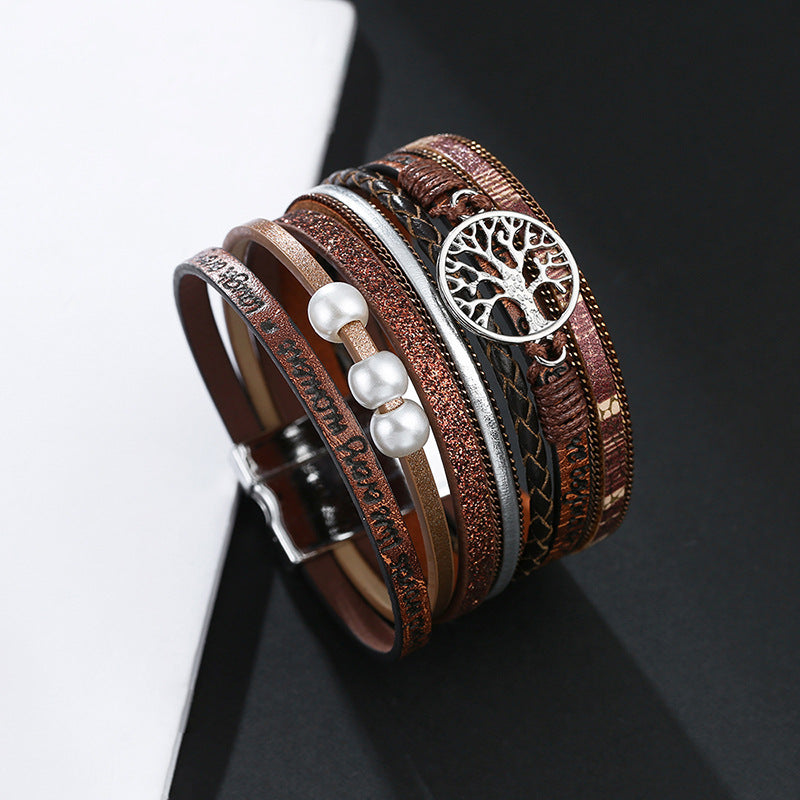 Bohemian Leather Multi-layer Leaf Design Ethnic Magnetic Clasp Bracelet