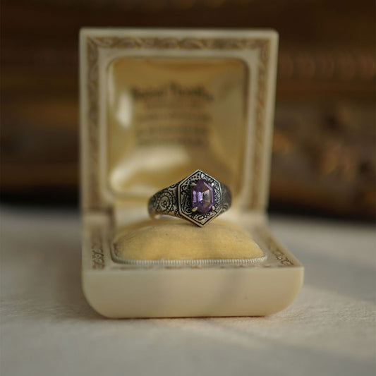 Purple Gemstone Silver Ring with Paisley Pattern