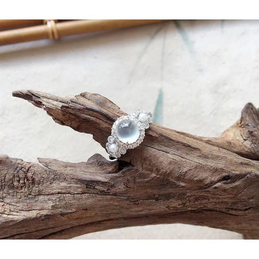 Round Jade and Pearl Silver Ring
