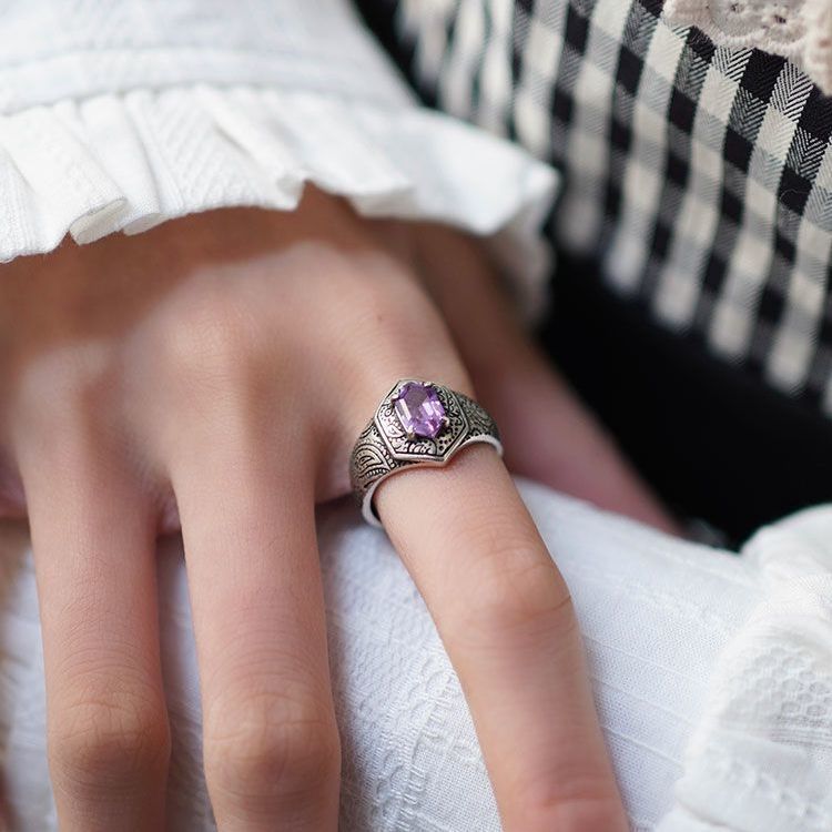 Purple Gemstone Silver Ring with Paisley Pattern