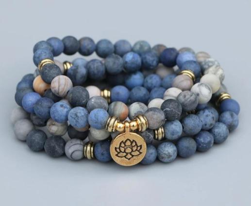 Natural Stone Beaded Vintage Style Lotus Pendant Unisex Long Bracelet