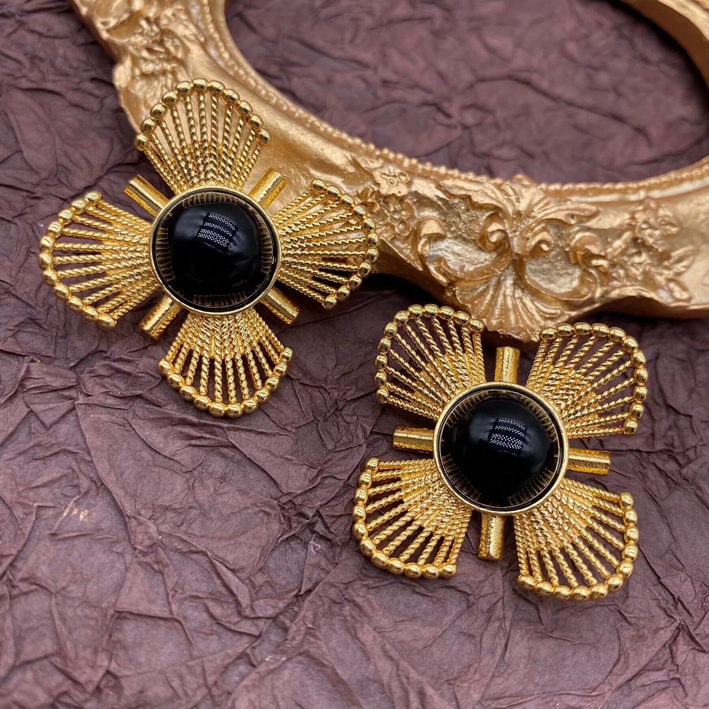 Gothic Noir Gold-Plated Carved Earrings