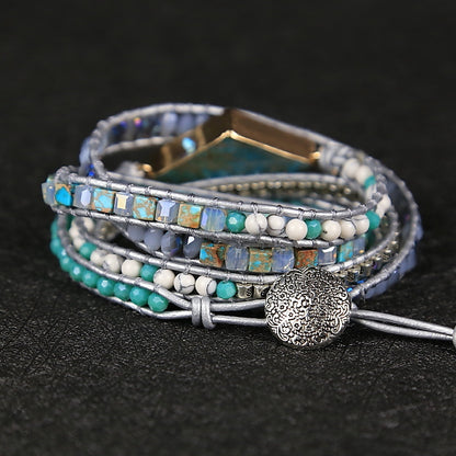 Handcrafted Multi-layer Leather Bracelet with Diamond-shaped Turquoise