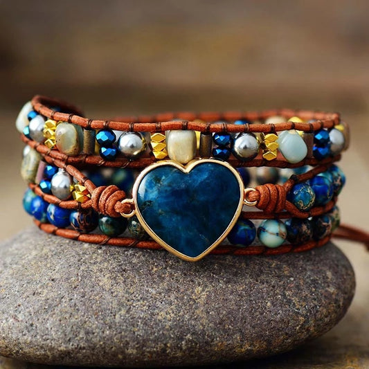 Imperial Stone Bracelet with Sparkling Stone Heart Charm and Woven Beaded Charms