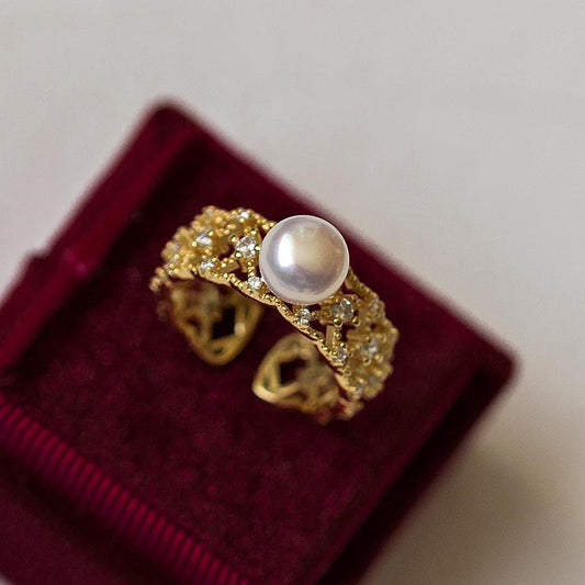 Gold-Plated Lace Pearl Ring