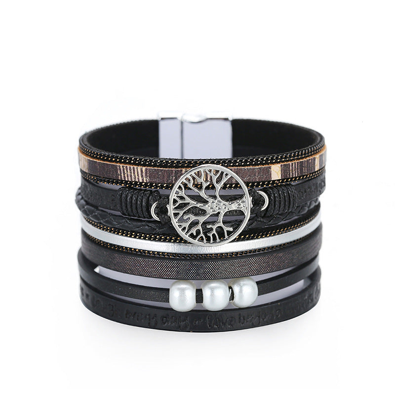 Bohemian Leather Multi-layer Leaf Design Ethnic Magnetic Clasp Bracelet