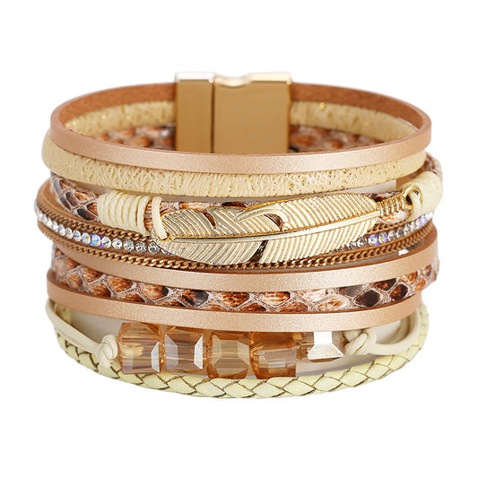 Bohemian Ethnic Style Multi-layer Wide Leather Bracelet with Crystal and Feather Accents