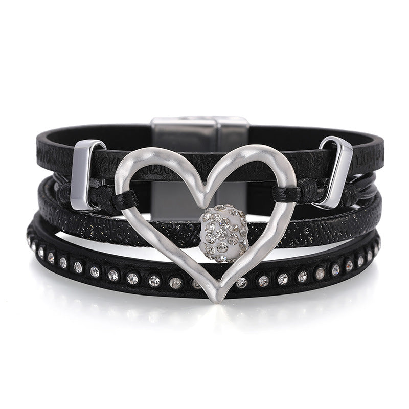 Hollow Heart Accent Sweet Leather Bracelet with Diamond-Set Magnetic Clasp (Multi-layer)