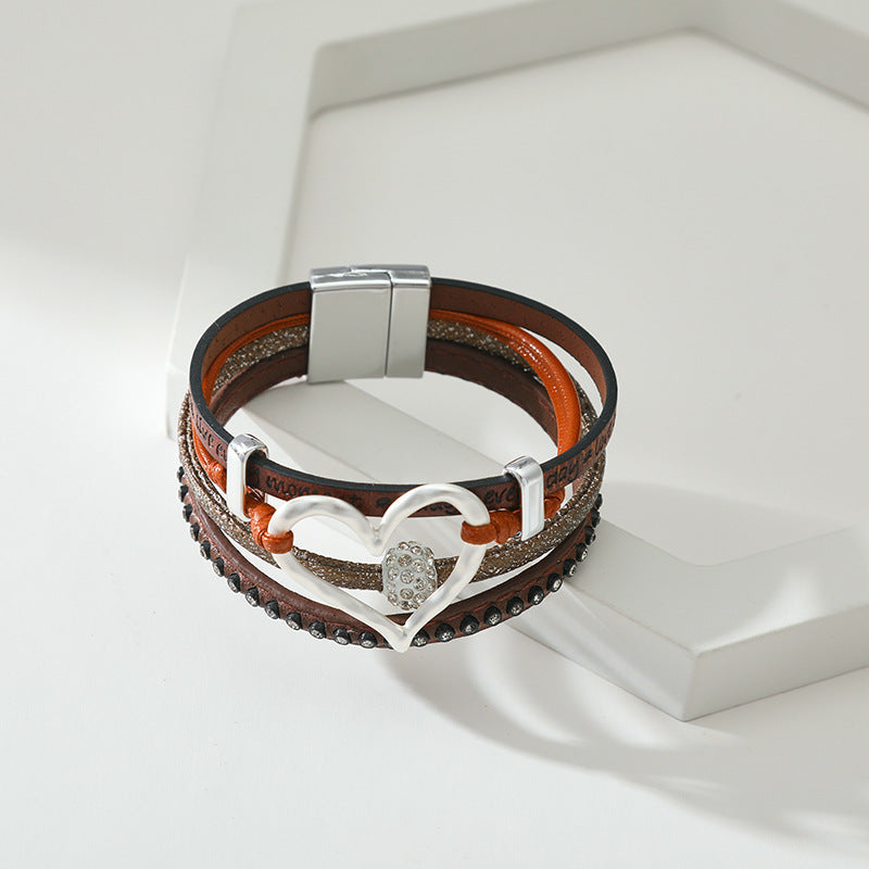 Hollow Heart Accent Sweet Leather Bracelet with Diamond-Set Magnetic Clasp (Multi-layer)