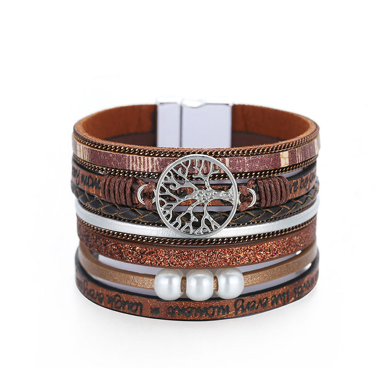 Bohemian Leather Multi-layer Leaf Design Ethnic Magnetic Clasp Bracelet