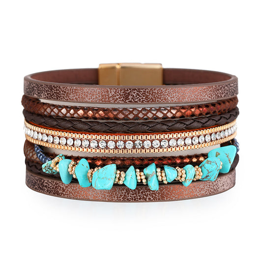 Bohemian Style Creative Diamond-Set Gold Magnetic Clasp Leather Bracelet