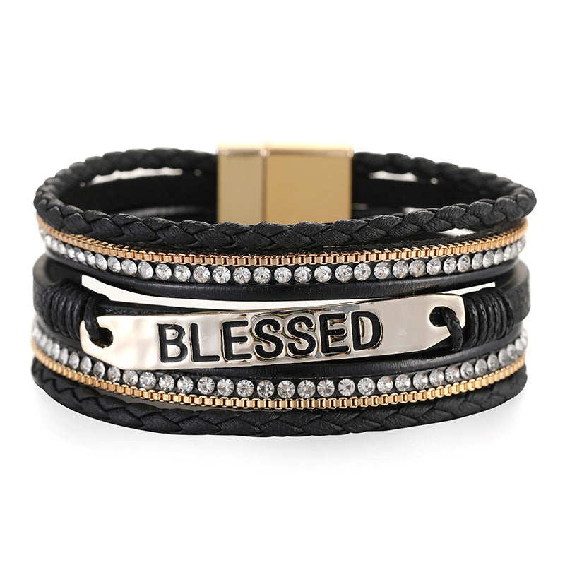 Ethnic Style PU Leather Hand Accessory with Alloy Accents Multi-layer Diamond-Set Bracelet (Unisex)