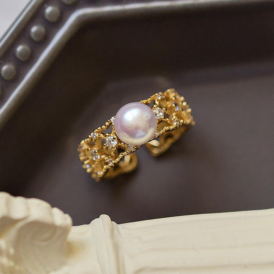 Gold-Plated Lace Pearl Ring