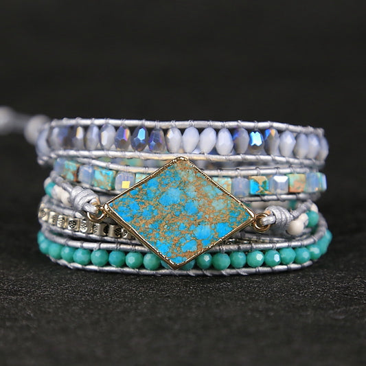 Handcrafted Multi-layer Leather Bracelet with Diamond-shaped Turquoise