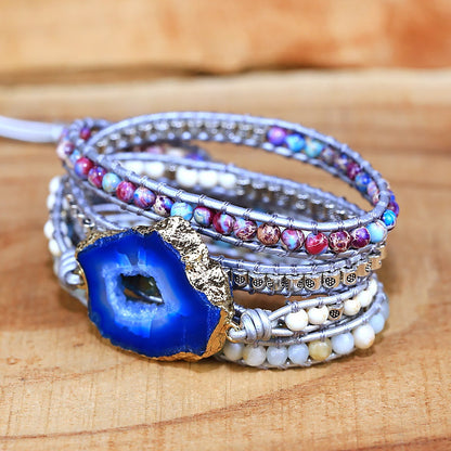 Handcrafted Multi-layer Leather Bracelet with Blue Agate Slices