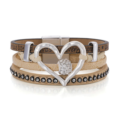 Hollow Heart Accent Sweet Leather Bracelet with Diamond-Set Magnetic Clasp (Multi-layer)