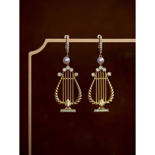 Double Design Vintage Harp Pearl Earrings