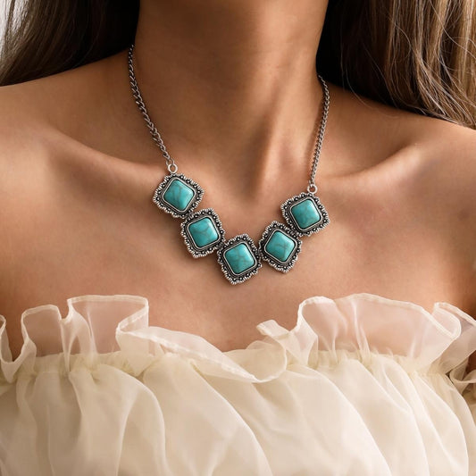 Ethnic Retro Fashion Creative Minimalist Turquoise Necklace and Earrings Set