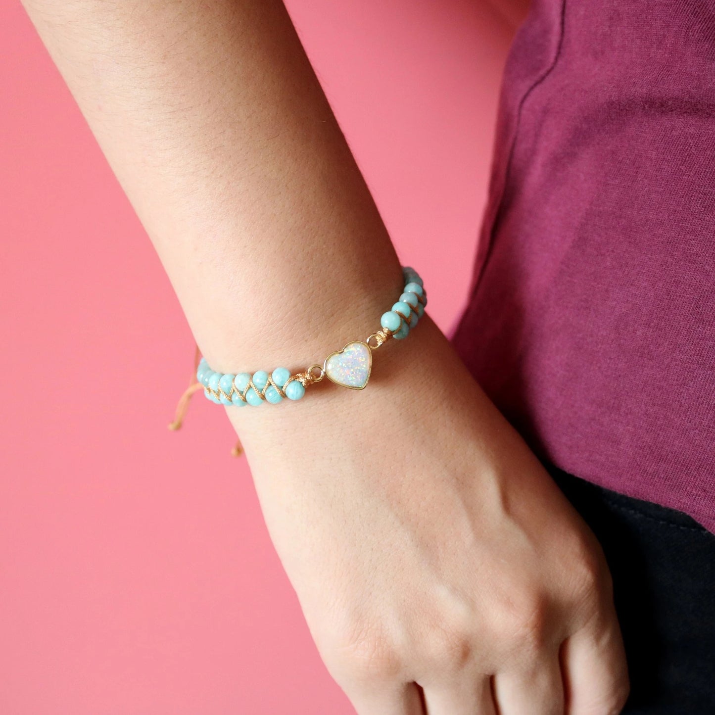 Heart Charm Bracelet - Handwoven Aquamarine Agate Beaded Bracelet