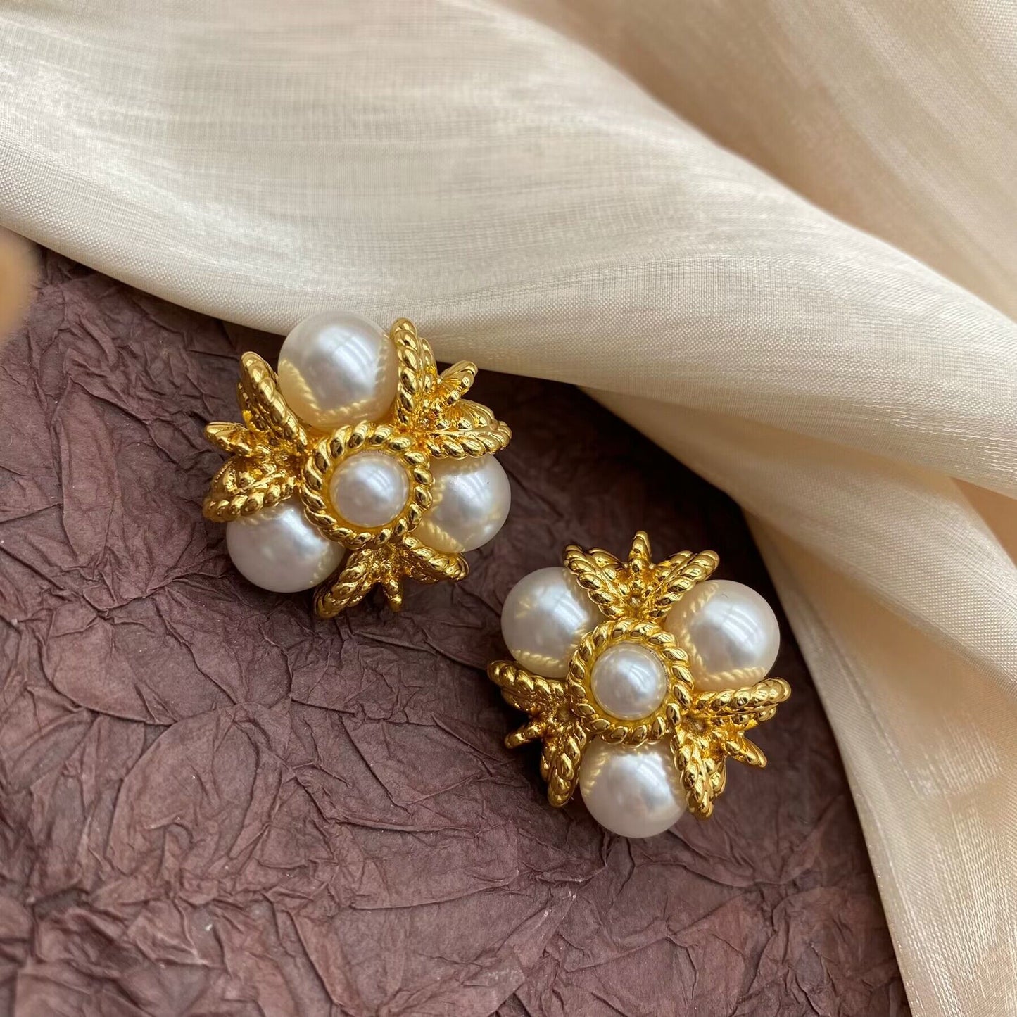 Regal Pearl Brass Elegance Earrings