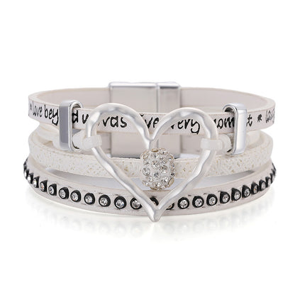 Hollow Heart Accent Sweet Leather Bracelet with Diamond-Set Magnetic Clasp (Multi-layer)