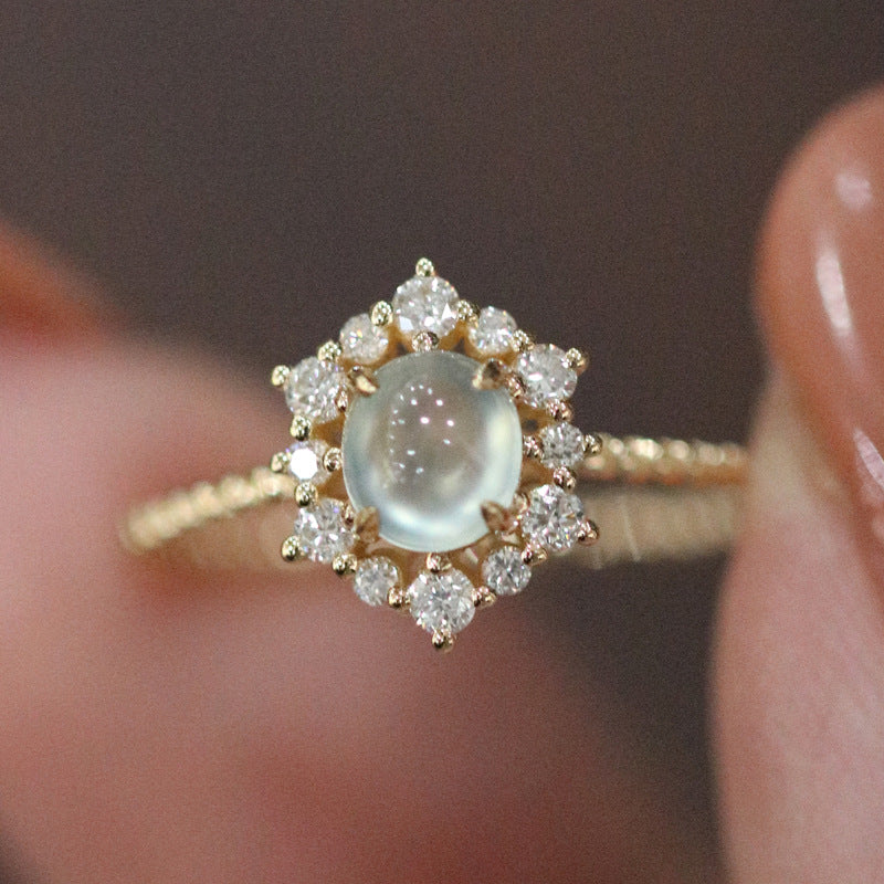 Moonstone Jadeite Diamond Snowflake Ring