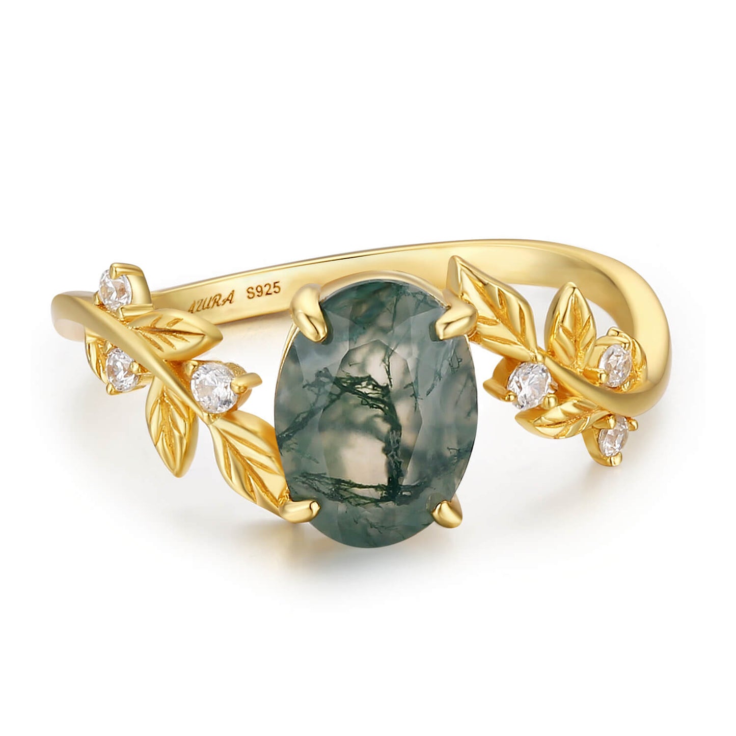 Between the Leaf Oval Moss Agate Ring (Yellow Gold)©