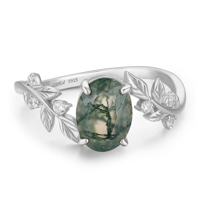 Between the Leaf Oval Moss Agate Ring (White Gold)©