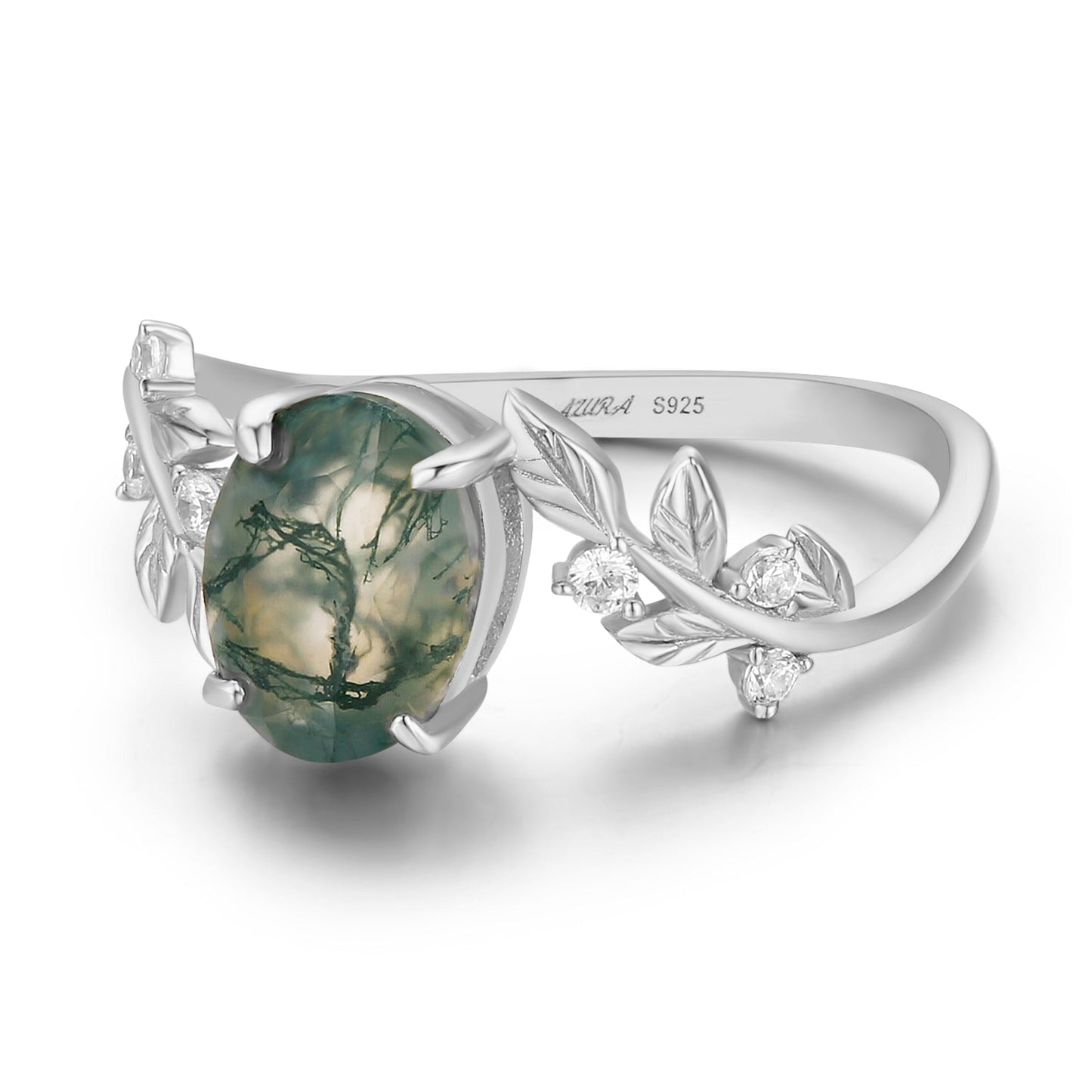 Between the Leaf Oval Moss Agate Ring (White Gold)©